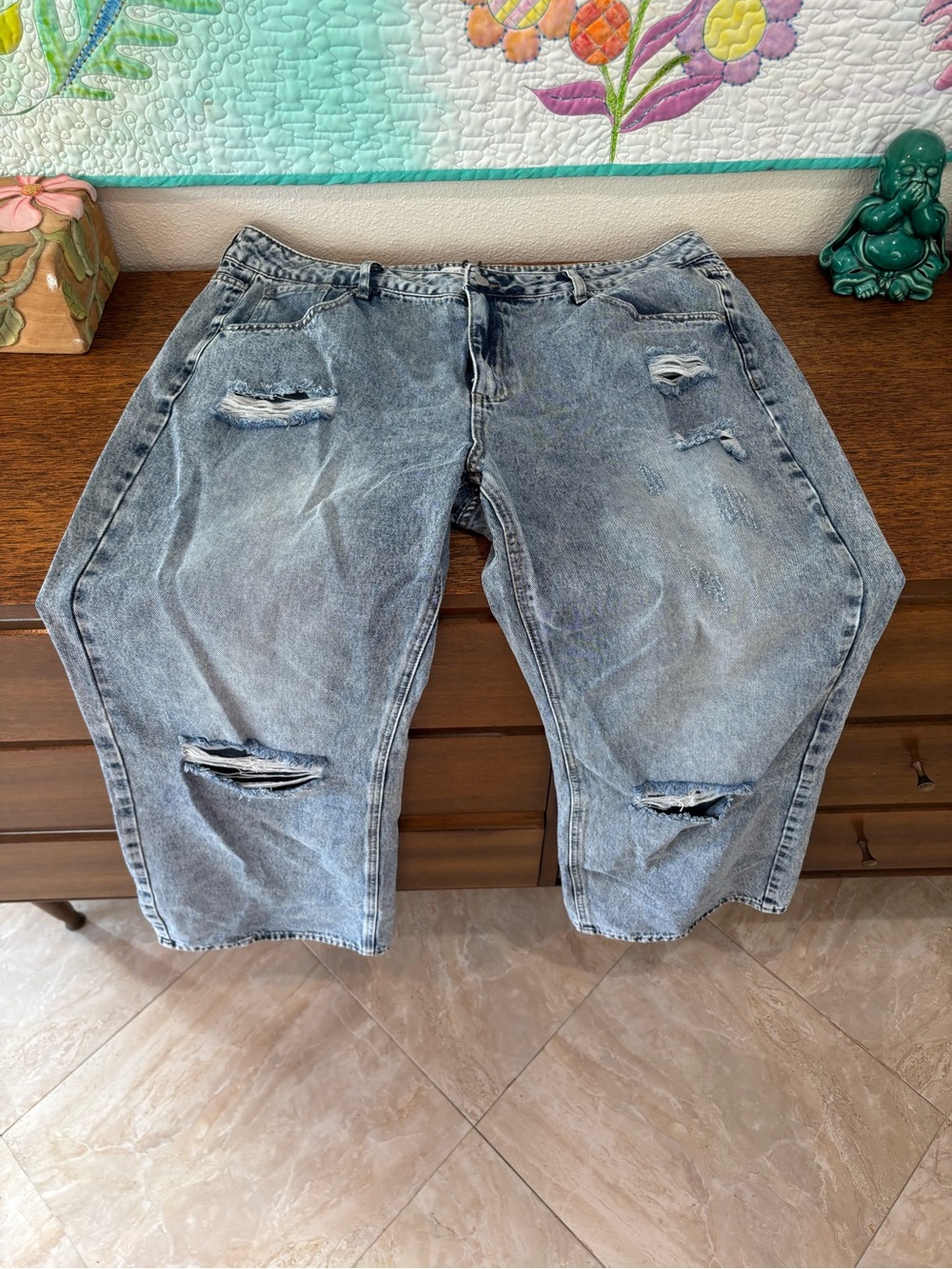 FashionNova Women’s Plus Distressed Light Wash Denim Jeans - Casual Ripped Style